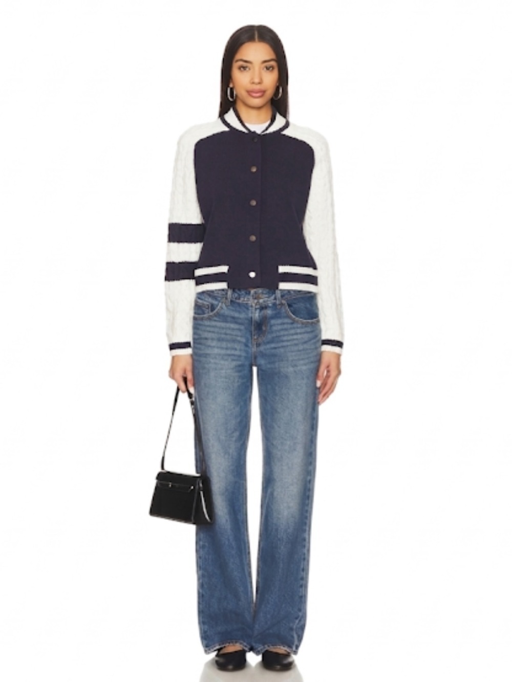 Central Park West Chloe Knit Bomber Navy White Cable Medium EUC! - Picture 2 of 9